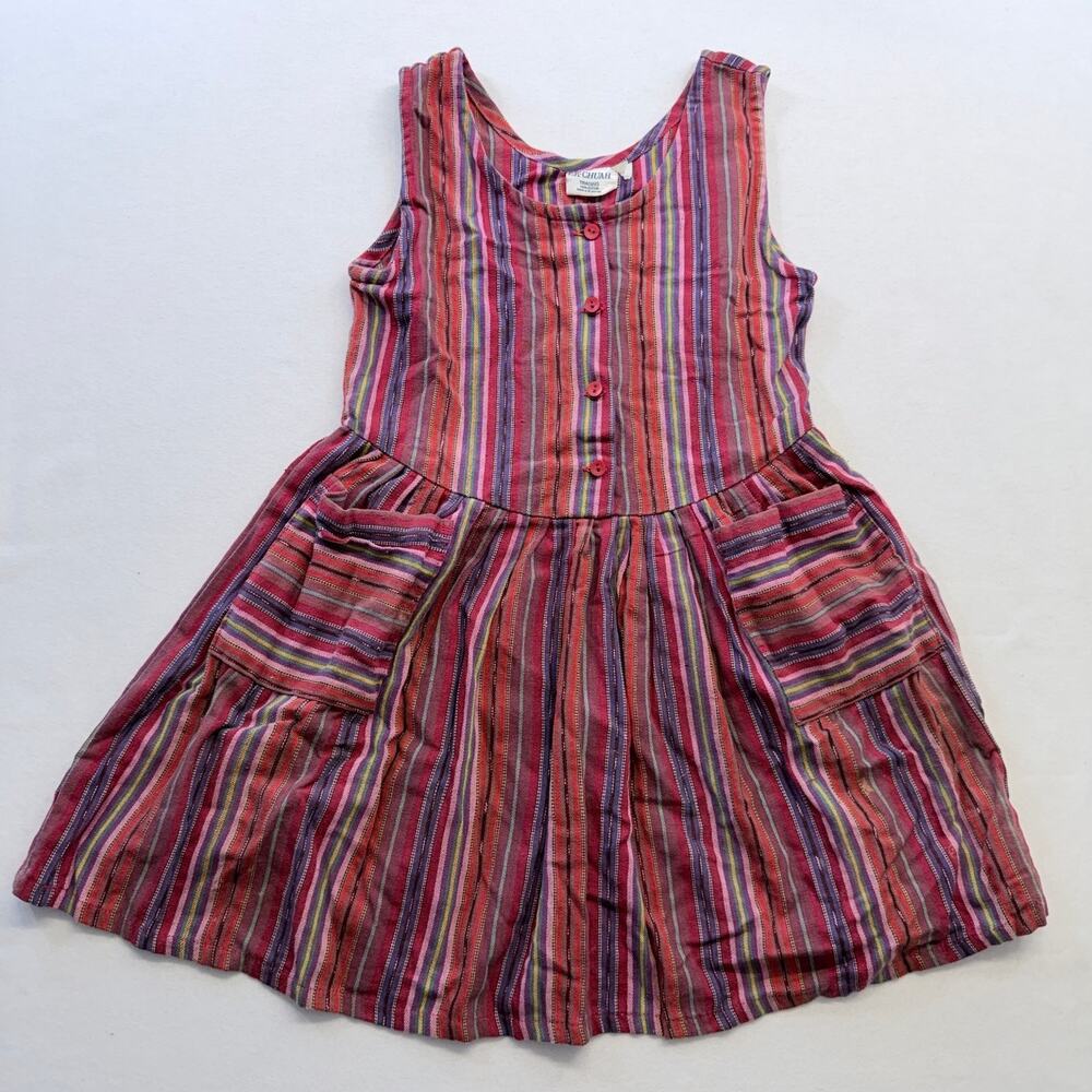 Vintage Ek-Chuah Trading Woven Cotton Dress L Guatemala Rainbow Stripe Pockets